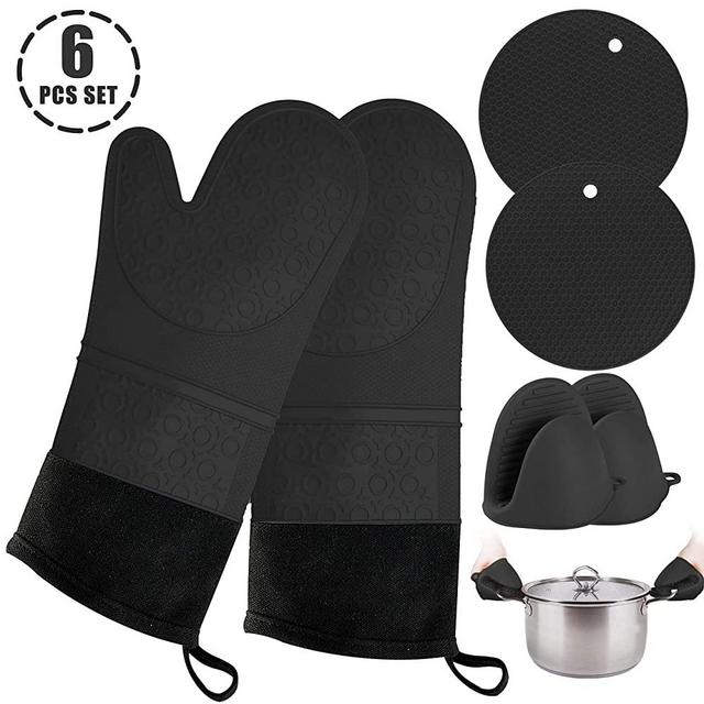 Oven Mitts and Pot Holder- Extra Long Silicone Oven Mitt Heat Resistant 500°F with bonus 2 trivets & Mini Pinch Oven Mitts (250°F)-Food Safe Baking Gloves for Cooking in Kitchen with Soft Inner Lining
