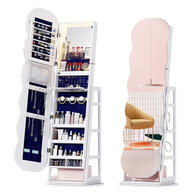 Lvifur 360° Swivel Jewelry Cabinet with Lights,LED Jewelry Organizer with Full Length Mirror, Lockable Wavy Mirror Jewelry Cabinet Standing with Rear Storage Shelves,Makeup Tray,White