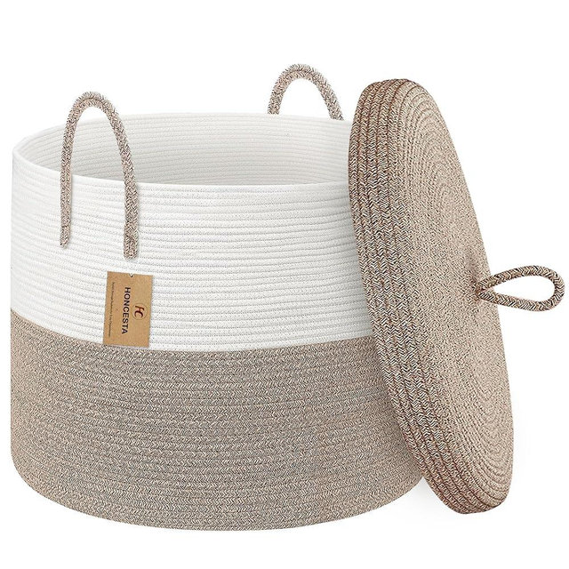 HONCESTA 20" X 15" Large Storage Basket with Lid, Blanket Basket Living Room, Woven Cotton Rope Baskets for Storage, Kids Toy Storage Bin, Tall Wicker Laundry Basket, Blankets Pillows Organizer Holder