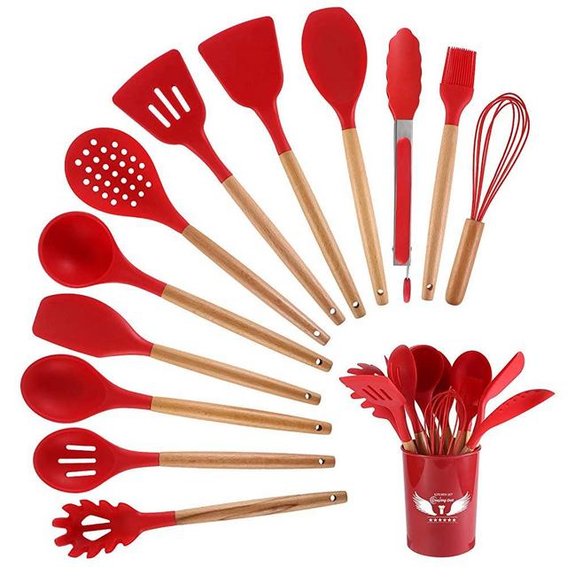 PDJW Kitchen Utensils Set Red, Silicone Cooking Utensils with Holder, Silicone Spatulas Spoons Set for Red Kitchen Accessories, Nonstick Cookware & Heat-Resistant