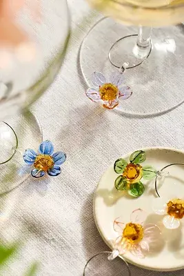 Floral Glass Wine Charms, Set of 6