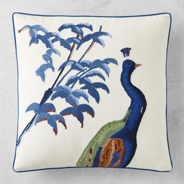 Peacock Embroidered Pillow Cover, 22" X 22", White