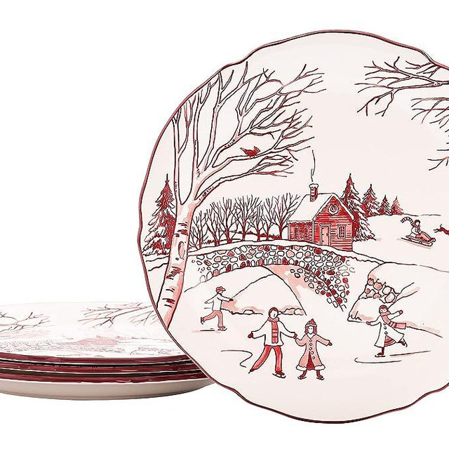 Bico Toile De Jouy Winter Wonderland Scalloped Dinner Plates, Ceramic, 11 inch, Set of 4, for Pasta, Salad, Maincourse, Microwave & Dishwasher Safe