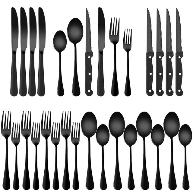 24-Piece Black Silverware Set with Steak Knives Black Stainless Steel Flatware Set for 4 Food Grade Tableware Cutlery Set Rust-proof, Mirror Polished, Dishwasher Safe