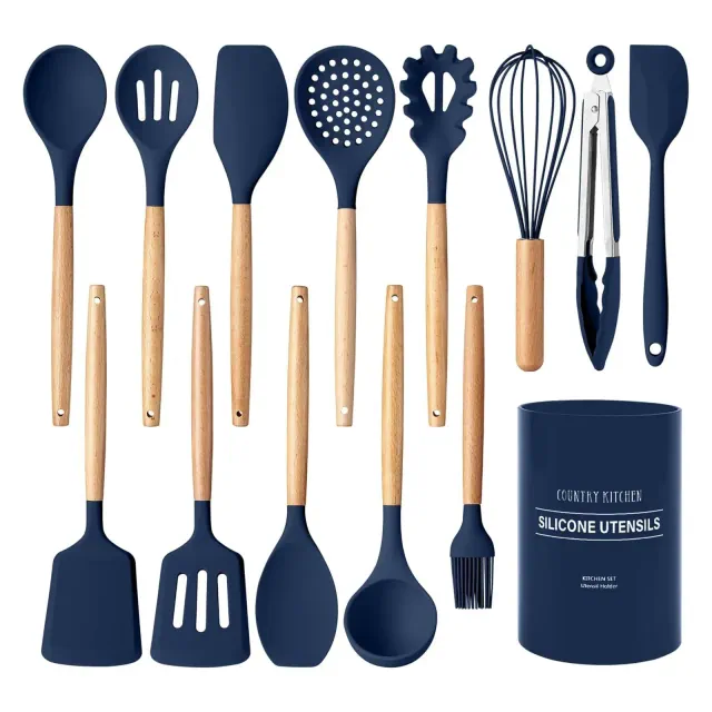 Country Kitchen Non Stick Silicone Utensil Set with Rounded Wood Handles for Cooking and Baking, 14 Piece Set, Navy