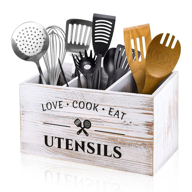 MINCORD Wood Kitchen Utensil Caddy with 3 Compartments, Rustic Farmhouse Style, Ideal for Storage and Organization, White