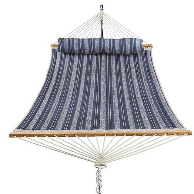Patio Watcher 11 Feet Quilted Fabric Hammock with Pillow Double 2 Person Hammock with Bamboo Spreader Bars, Perfect for Outdoor Patio Yard Blue Stripes