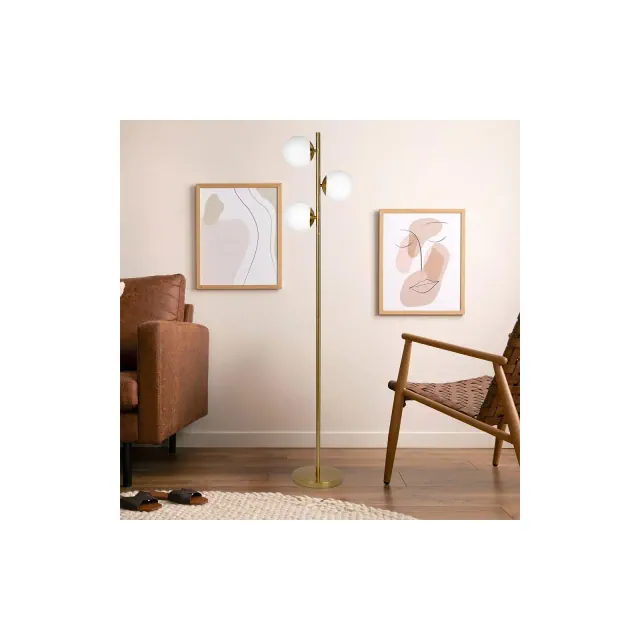 GDFStudio Raman Modern Brass Metal 64" Floor Lamp with Opal Glass Shades, Gold