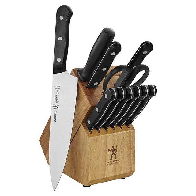 Henckels International Solution 12-pc Knife Block Set - Natural | 6 Steak Knives, Pairing Knife, Utility Knife, Chef's Knife, Sharpening Steel & Kitchen Shears