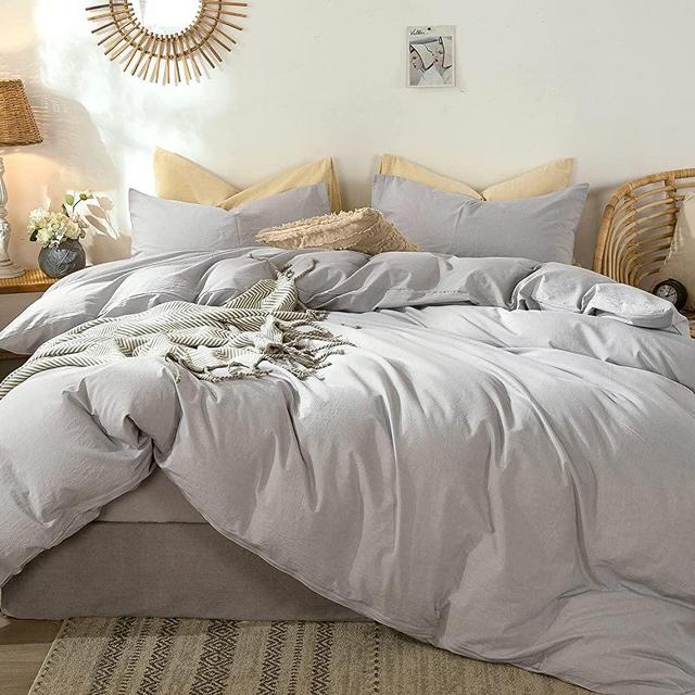MooMee Bedding Duvet Cover Set 100% Washed Cotton Linen Like Textured Breathable Durable Soft Comfy (Grey, King)