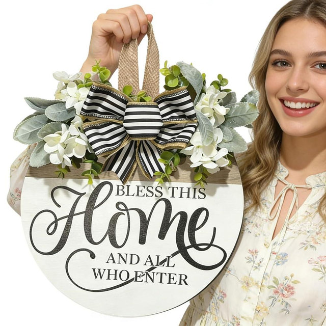 Ksdkrme Welcome Sign for Front Door, Rustic Wood Door Wreath with Bow, Bless This Home Porch Hanging Sign Gift, for All Seasons Holiday Farmhouse Outdoor & Indoor Decorations