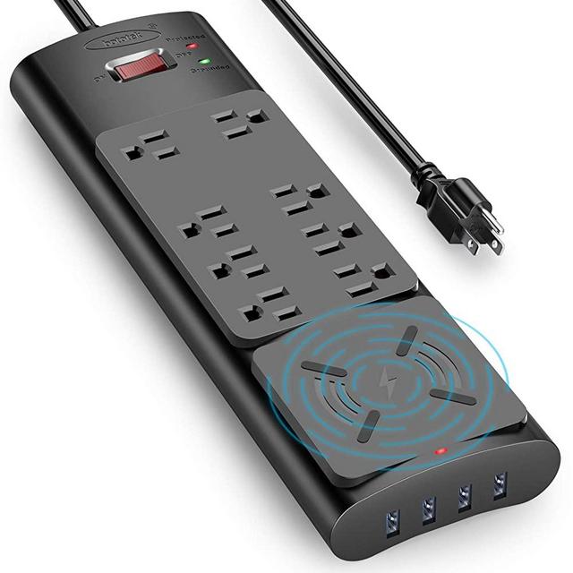 Surge Protector (2980 Joules), Bototek Power Strip Wireless Charging Station with 8 AC Outlets and 4 USB Charging Ports,1875W/15A, 6 Feet Long Extension Cord for Smartphone Tablets Home,Office & Hotel