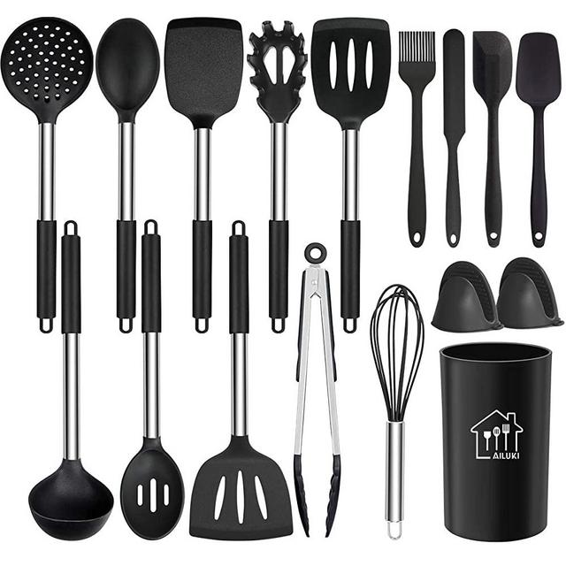 Silicone Cooking Utensil Set,Kitchen Utensils 17 Pcs Cooking Utensils Set,Non-stick Heat Resistant Silicone,Cookware with Stainless Steel Handle (Sable)