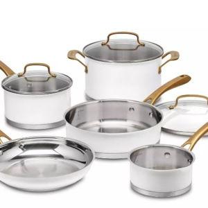 Cuisinart Classic 8pc Stainless Steel Cookware Set with Brushed Gold Handles Matte White: Induction & Oven Safe Pans