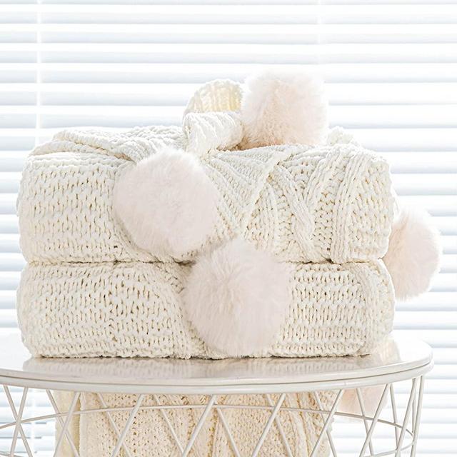 Chunky Knit Blanket with pom poms- Thick, Soft, Big, Cozy Throw Blankets for Couch, Bed, Sofa, Chair-60×80 Inches,White