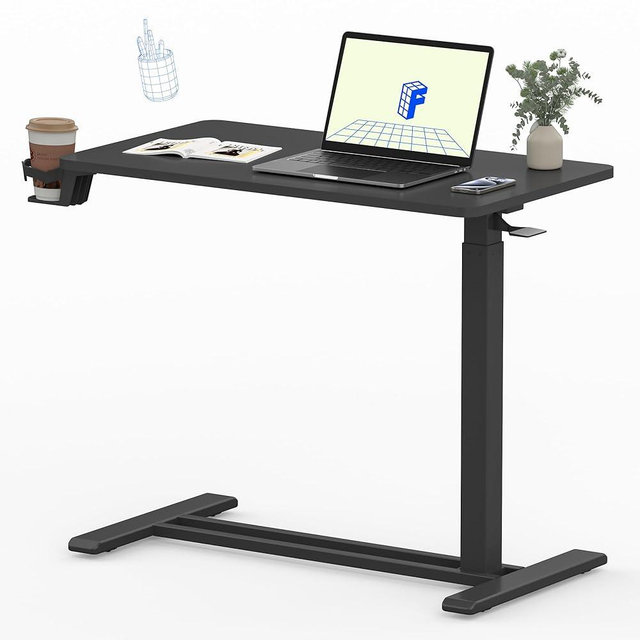 FLEXISPOT Mobile Standing Desk with Wheels Pneumatic Laptop Desk Rolling Computer Cart Movable Height Adjustable Small Sit Stand Desk Computer Workstations Home Use（27.6" W x 15.7" D, Black