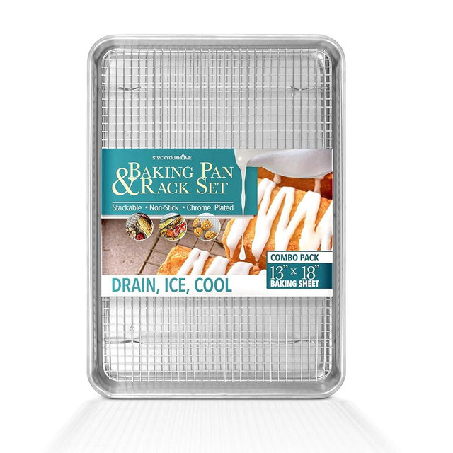 Half Size Aluminum Sheet Pan with Wire Rack, 13" x 18" Half Sheet Pan with Baking Rack for Oven Cooking Bacon, Fish and More, 1/2 Size Large Cookie Sheet with 12" x 16" Cooling Tray