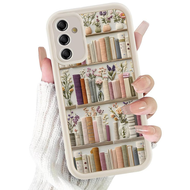 Cinysnt Cute Retro Bookshelf Phone Case for Samsung Galaxy A35 5G Flower Case 6.6", Aesthetic Trendy Floral Pattern Shockproof Soft Slim TPU Full Camera Lens Protective White Cover for Women Girls