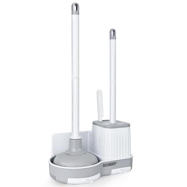 BOOMJOY Toilet Brush and Plunger Set with Crevice Cleaning Brush, White Plunger and Brush Combo with Hidden Holder, Bathroom Plunger and Toilet Bowl Brush Set Heavy Duty