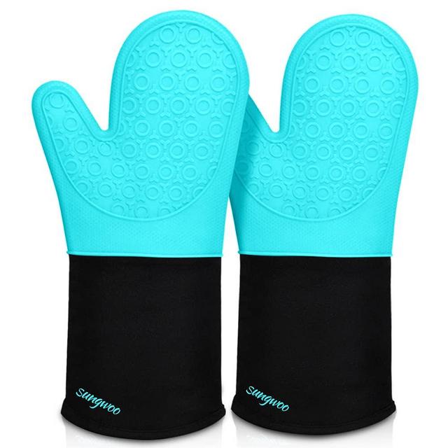 Extra Long Silicone Oven Mitts, sungwoo Durable Heat Resistant Oven Gloves with Quilted Liner Non-Slip Textured Grip Perfect for BBQ, Baking, Cooking and Grilling - 1 Pair 14.6 Inch Turquoise & Black