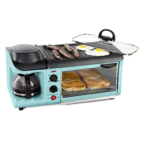 Nostalgia Retro 3-in-1 Family Size Electric Breakfast Station, Coffeemaker, Griddle, Toaster Oven, Aqua