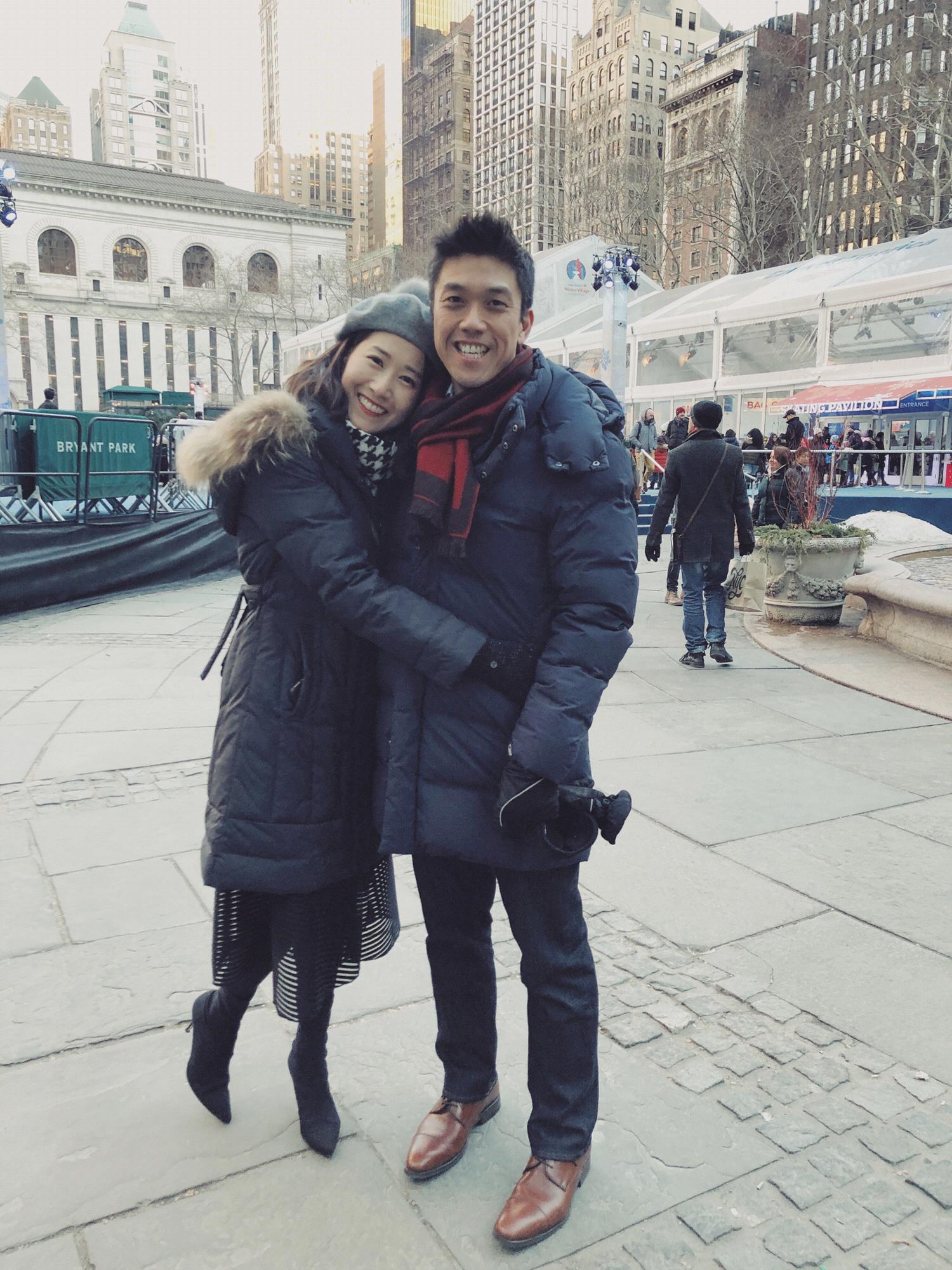 Happy hugs in Bryant Park in Manhattan.