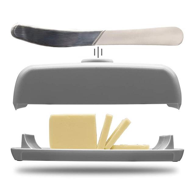 Butter Hub Butter Dish with Lid and Knife, Magnetic Butter Keeper, Easy Scoop, No Mess Lid, Dishwasher Safe (Grey)