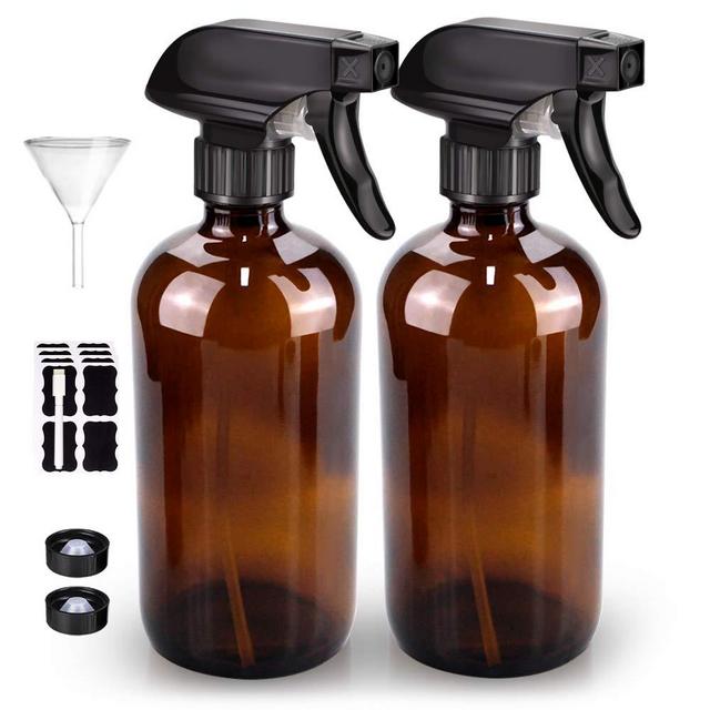 Glass Spray Bottle, Bontip Amber Glass Spray Bottle Set & Accessories for Non-toxic Window Cleaners Aromatherapy Facial hydration Watering Flowers Hair Care (2 Pack/16oz)