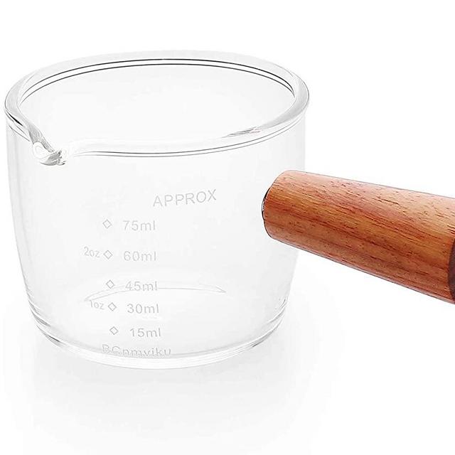 Espresso Shot Glass 75ML Single Spouts Espresso Measuring Cup Accessories with Wood Handle for Barista Milk Coffee Espresso Making (1 Pack)
