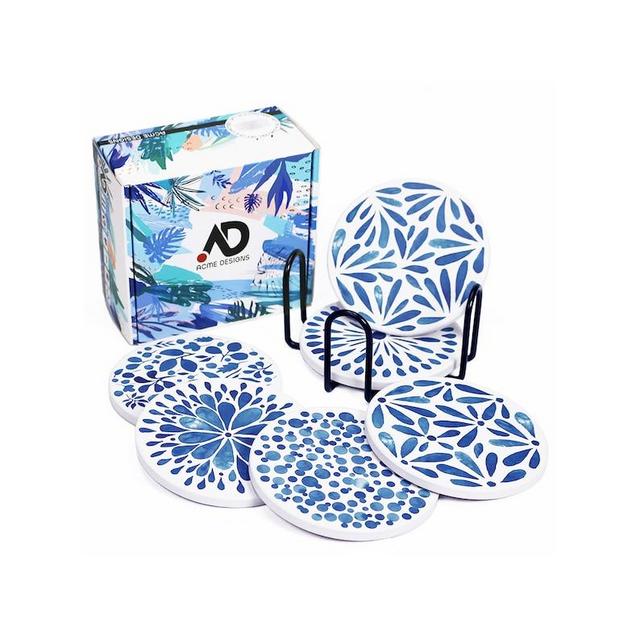 Set of 6 Drink Coasters Absorbing Round Ceramic Stone Coaster with Cork Base,Tabletop Protection for Mugs & Cups,Office,Kitchen with HOLDER