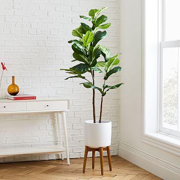 5' Faux Fiddle Leaf Fig Tree & Tall Mid-Century Turned Wood Leg Planter Set