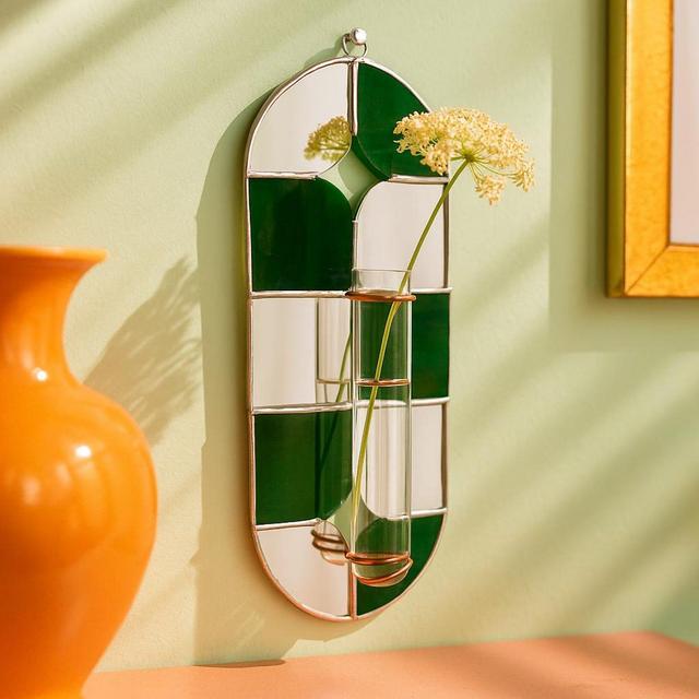 Stained Glass Wall Vase – Green Mirror Checkerboard, Handmade Propagation Tube