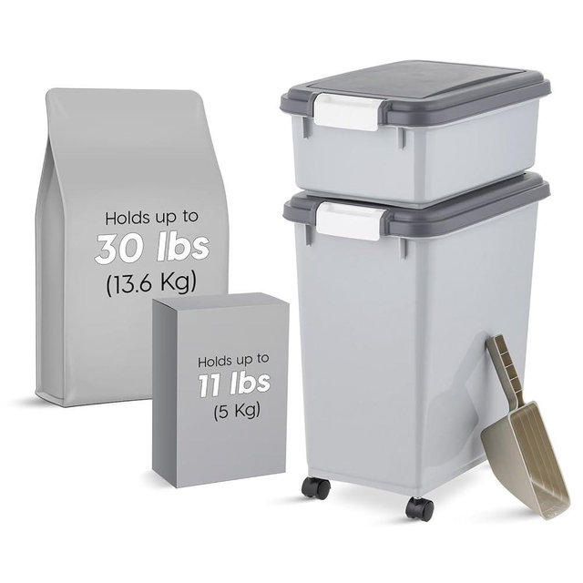 IRIS USA Airtight Dog Food Storage Container with Wheels, Up to 30 lbs & 11 lbs, 2-Cup Scoop, Cat Dog Treat Wet Food Cans Toys Storage Container, Stackable, Portable, Gray