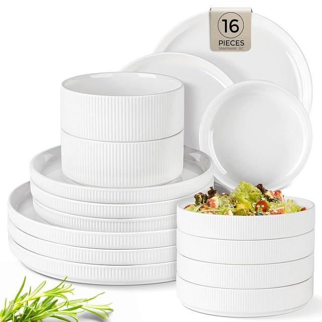 TheTerra Ceramic Dinnerware Sets with Pasta Bowls for 4, 16 Pieces Porcelain Lightweight Plates and Bowls Sets, Scratch Resistant Dish Set, Oven & Microwave & Dishwasher Safe, Bright White