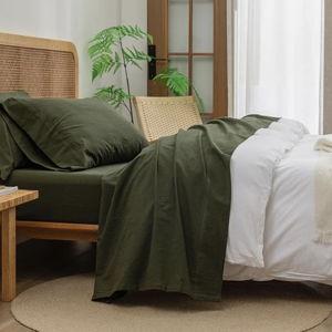 BESTOUCH Sheet Set 100% Washed Cotton Linen Feel Super Soft Comfortable Chic Lightweight 4 Pcs Home Bedding Set Solid Olive Green King