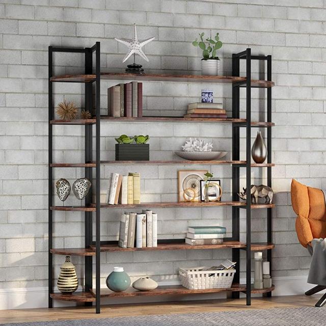 Tribesigns Modern Triple Wide 6-Shelf Bookcase, 6-Tier Large Etagere Bookshelves Storage and Double Wide Bookshelf Display Shelves with Sturdy Metal Frame for Home Office Deco, Rustic