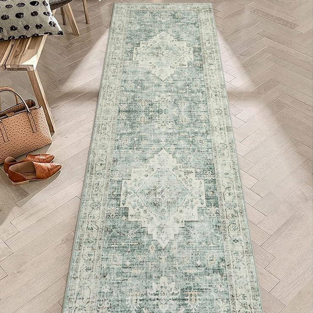 LIVEBOX Sage Green Runner Rug Non Slip 2.5x8 - Bohemian Bedroom Rugs Long Hallway Rug for Home Decor, Low-Pile Vintage Rug for Bathroom, Non-Slip Soft Carpet Throw Rug for Laundry Room
