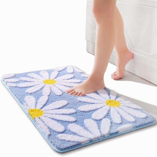 QJHOMO Blue Bathroom Rugs Cute Daisy Bath Mat White and Yellow Flower Decor Rug Non Slip Floor Carpet Microfiber Bathmat Super Absorbent Machine Washable Bahtub Mats for Shower 20"x 32"