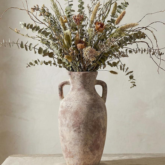 Ceramic Flower Vase with Handles,12" Neutral Tall Clay Terracotta Vases Farmhouse Table Vases with Handle Living Room Decor Rustic Pottery Pots for Home Shelf Coffee Dining Desk Fireplace