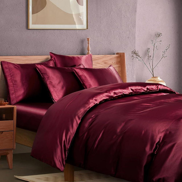 Manyshofu 6Pcs Maroon Duvet Cover Set Queen Size with Satin Fitted Sheet - Not Comforter, Cooling & Silky Comforter Cover Satin Bed Sheets Duvet Cover (4 Pillowcases, 1 Duvet Cover, 1 Fitted Sheet)