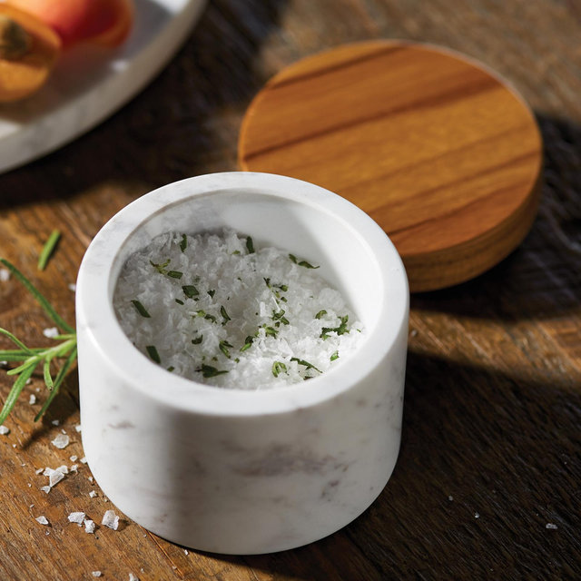 Anolon, Pantryware White Marble Salt Cellar with Teak Wood Lid | Zola