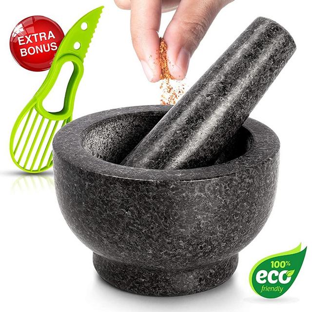 Mortar and Pestle Set Made of 100% Granite Large Natural Guacamole Bowl for Kitchen Make and Serve Dishes Right at The Table Beautifully Includes Avocado Slicer Polished Granite