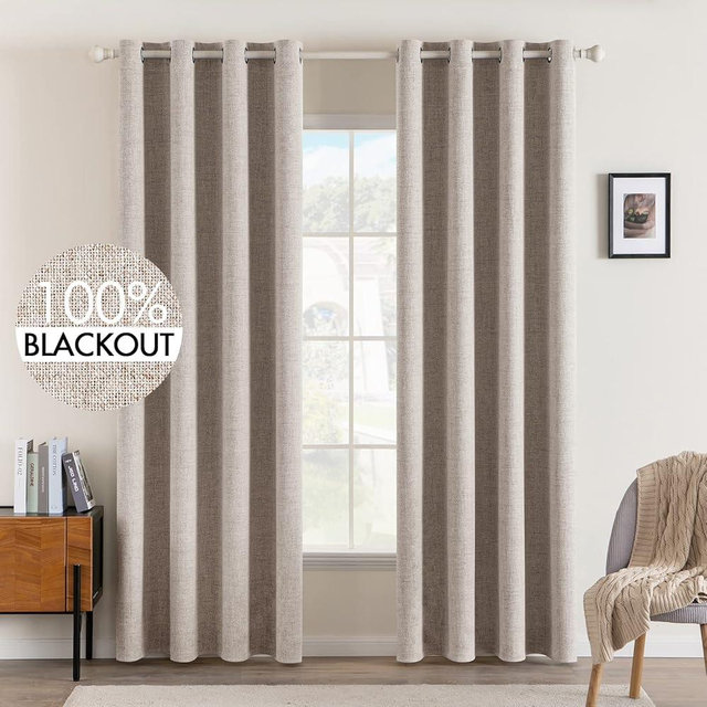 MIULEE Blackout Curtains for Bedroom Linen Texture Solid Thermal Insulated Natural Khaki Grommet Room Darkening Curtains & Drapes Luxury Decor for Living Room Nursery 52 x 84 Inch (2 Panels)