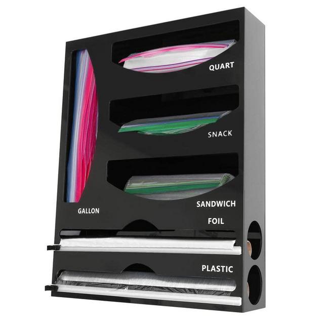 IBUSA - Ziplock Bag Storage Organizer for kitchen drawer and wrap dispenser with cutter - 6 in 1 Acrylic Organizer compatible with Ziploc - Baggie Holder Dispenser suitable for Foil, Plastic, Sandwich, Snack, Gallon, Quart Bags