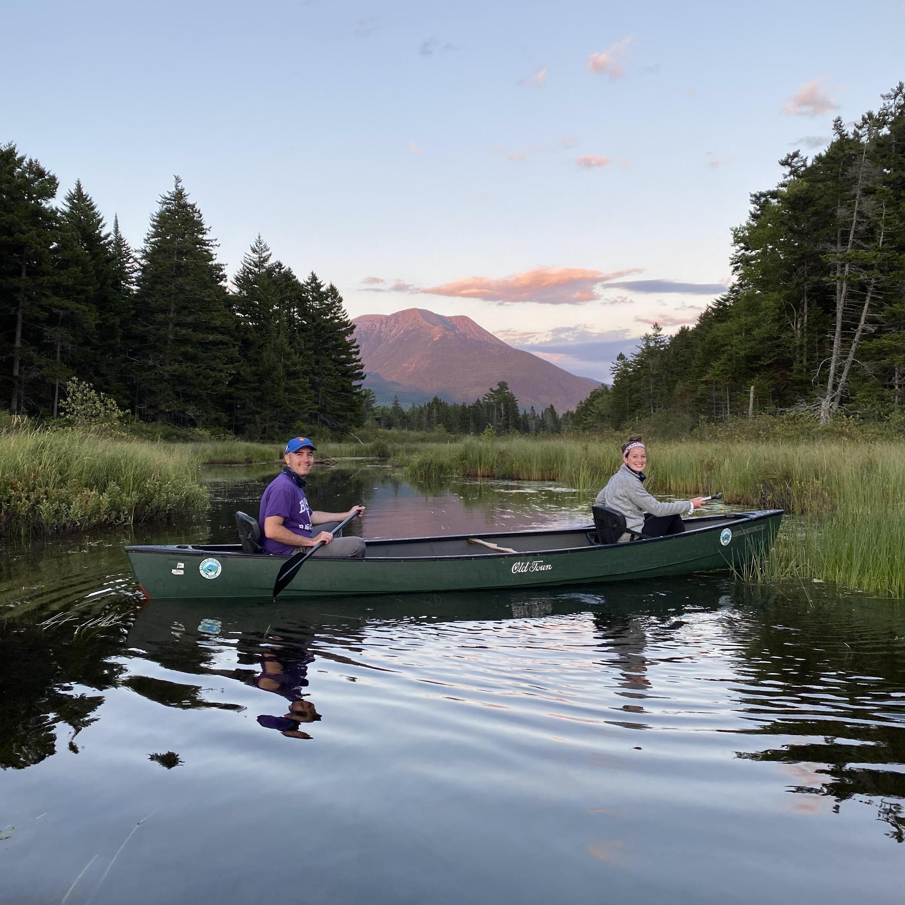 Canoeing in front of Mount Katahdin