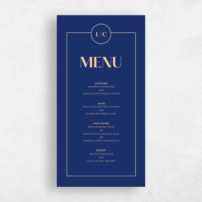 Dark Royal, Blue Wedding Menu - Brevard