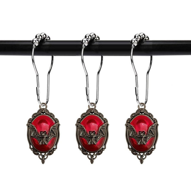 ZILucky Set of 12 Bats Shower Curtain Hooks Rings, Gothic Vampire Bat, Halloween Party Supplies Haunted House Decoration (Red-Background)