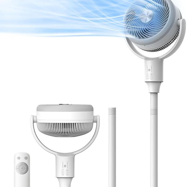 PELONIS Pedestal Fan, Air Circulator, Ultra OmniFlow (135°+90°Auto Oscillation), Quiet Floor Fan with 3 Speeds, Remote, 7H Timer, Memory Function, Adjustable Height, Standing Fan for Bedroom