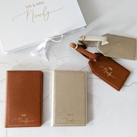 Mr & Mrs Passport Covers and Luggage Tags - Tan Brown - Champagne Silver - Faux Leather
