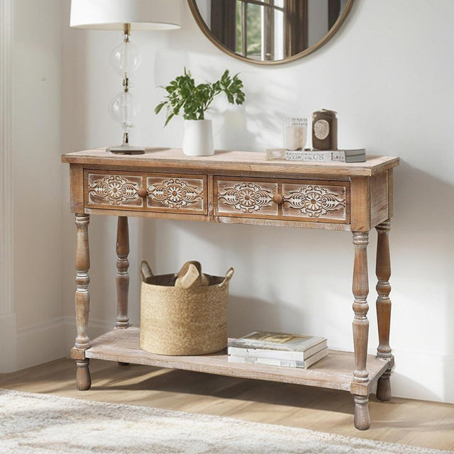 PARISLOFT Vintage Wood End Table with 2 Drawers and 1 Bottom Shelf,Rustic Console Table Storage, Accent Entryway Table Furniture,Antique Brown,42”Wx32”H